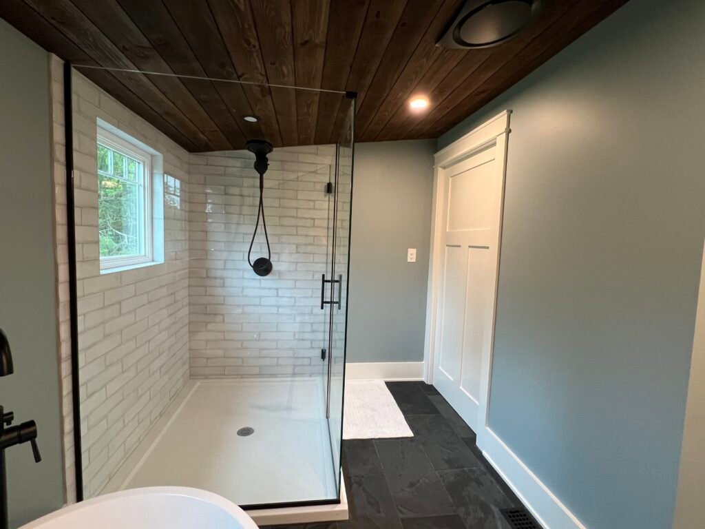 Large tile walk-in shower at The Wayback Cleveland vacation rental near Cuyahoga Valley National Park