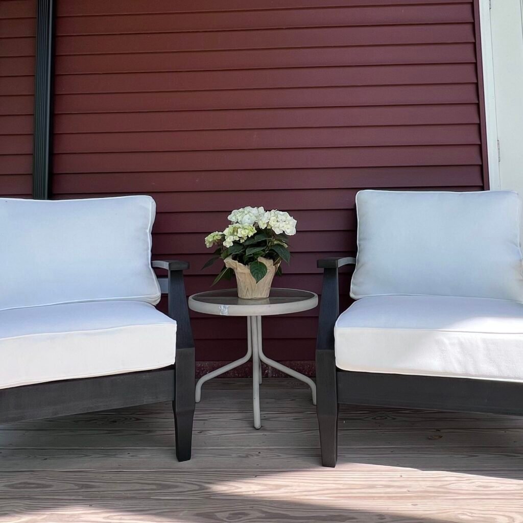 Covered outdoor seating area at The Wayback Cleveland vacation rental near Chagrin Falls