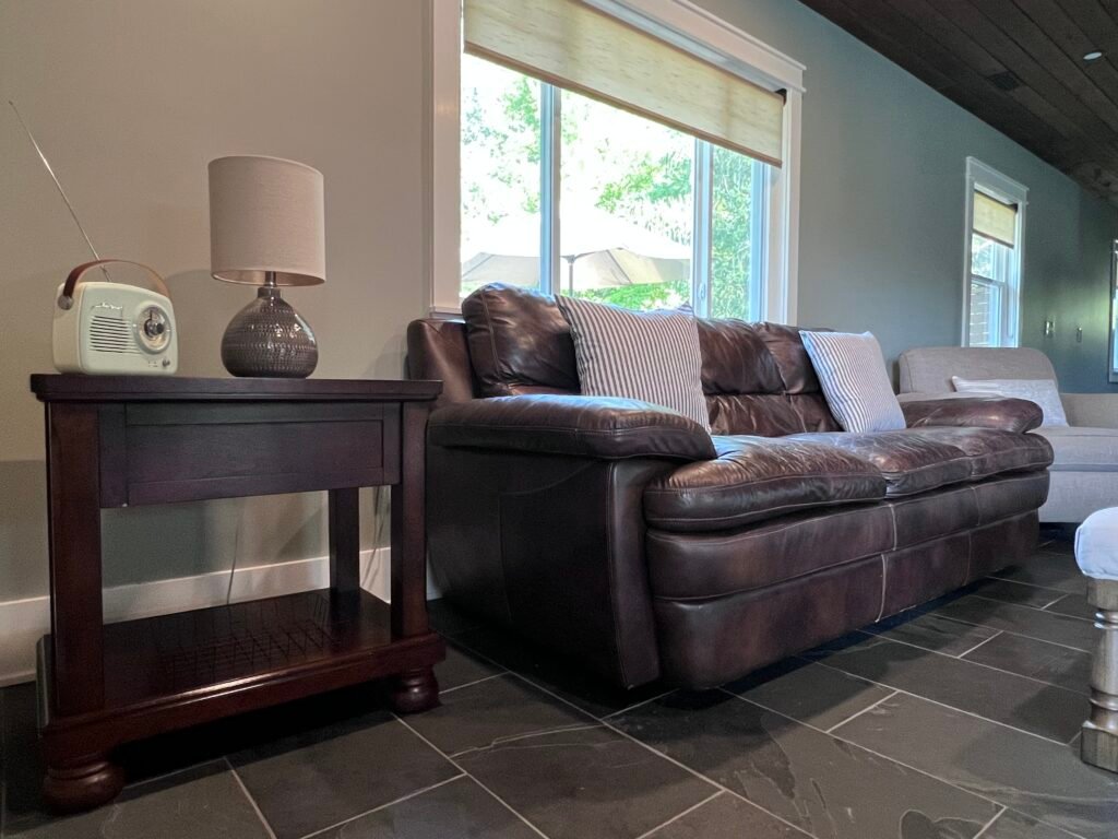Leather chair and window seating at The Wayback vacation rental near Cleveland Ohio